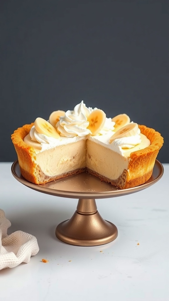 A delicious banana cream pie with whipped cream and banana slices on top, displayed on a gold cake stand.