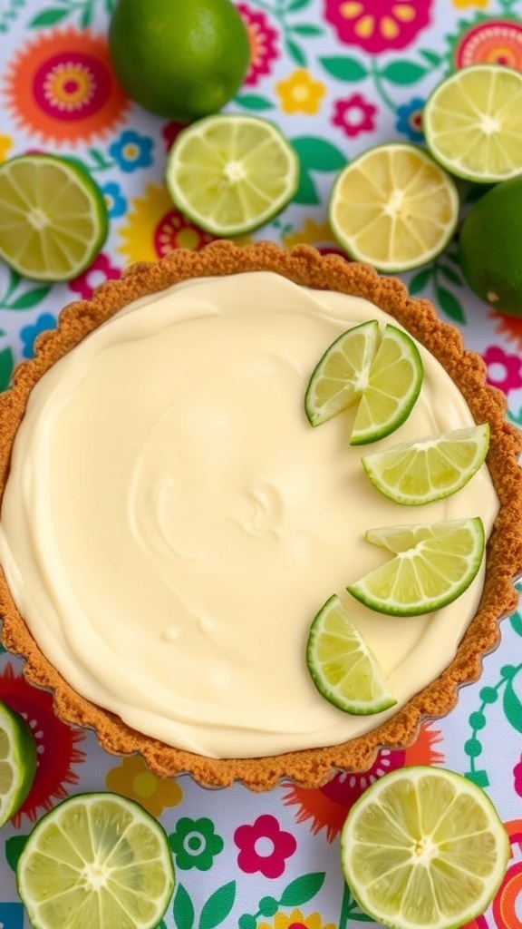 A delicious key lime pie topped with lime slices on a colorful floral tablecloth.