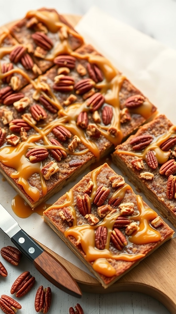 Pecan pie bars topped with pecans and caramel sauce on a wooden cutting board.