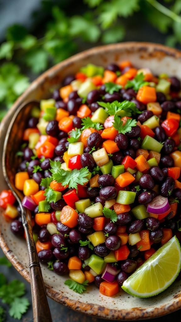 A colorful black bean salad with diced vegetables and a lime wedge