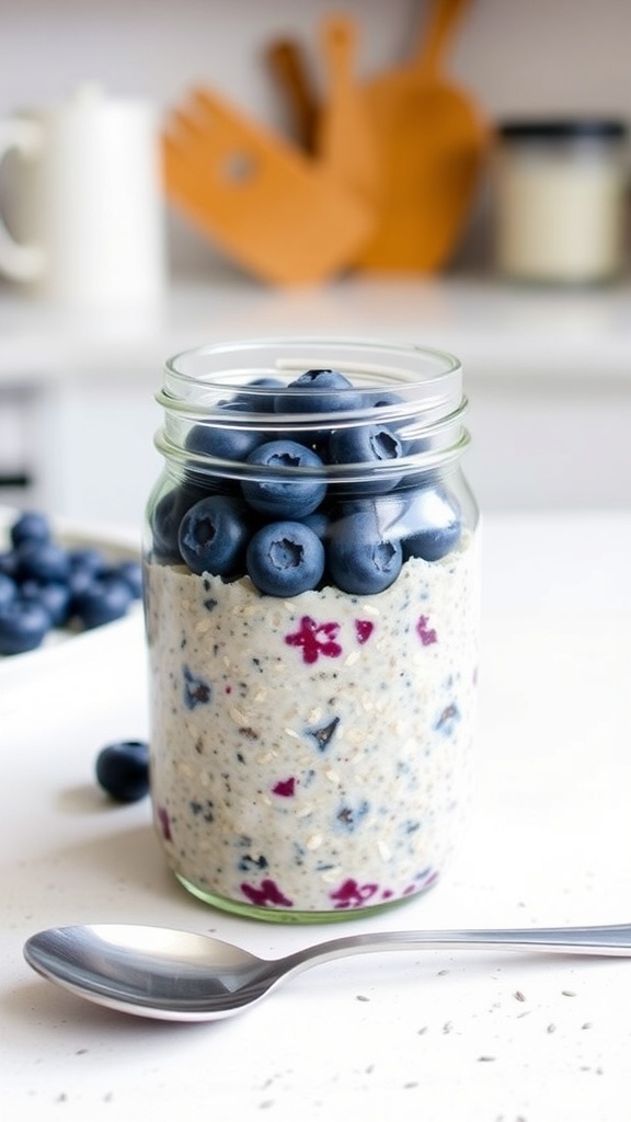 A jar of blueberry protein overnight oats with fresh blueberries on top.