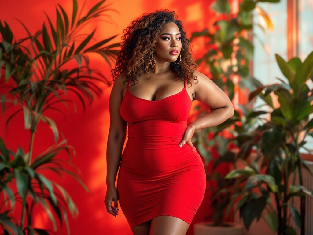 A model in a fitted red bodycon dress, showcasing her curves against a vibrant background with plants.