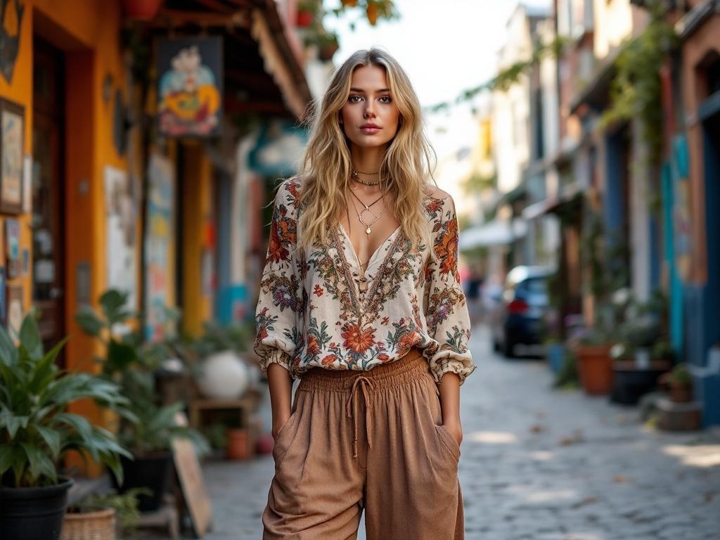 A woman wearing a bohemian-inspired floral top and wide-leg pants, standing in a colorful street.