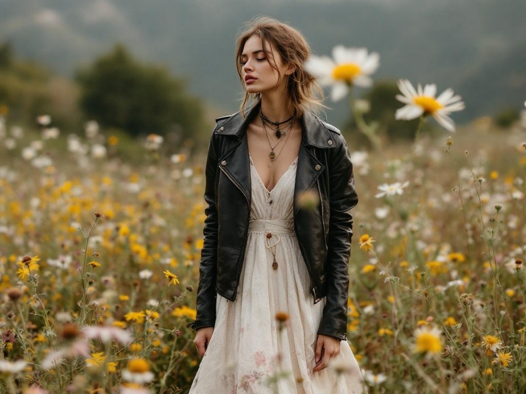A woman wearing a bohemian maxi dress and a black leather jacket, standing in a field of flowers.