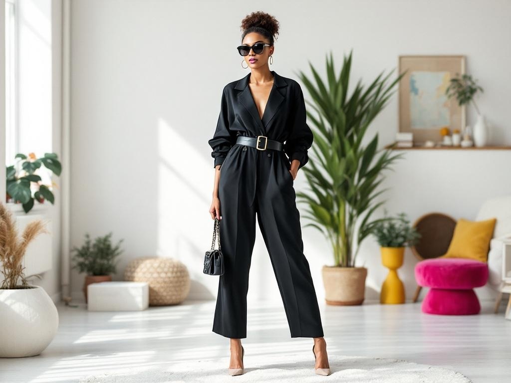 A woman wearing a black monochrome jumpsuit with a belt, sunglasses, and a handbag, posing in a bright room with plants.
