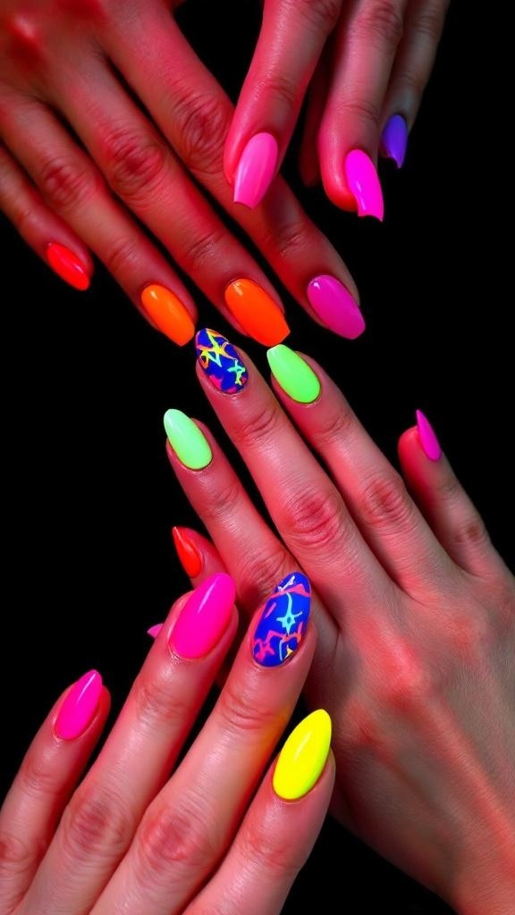 Colorful neon nails with geometric designs on a dark background