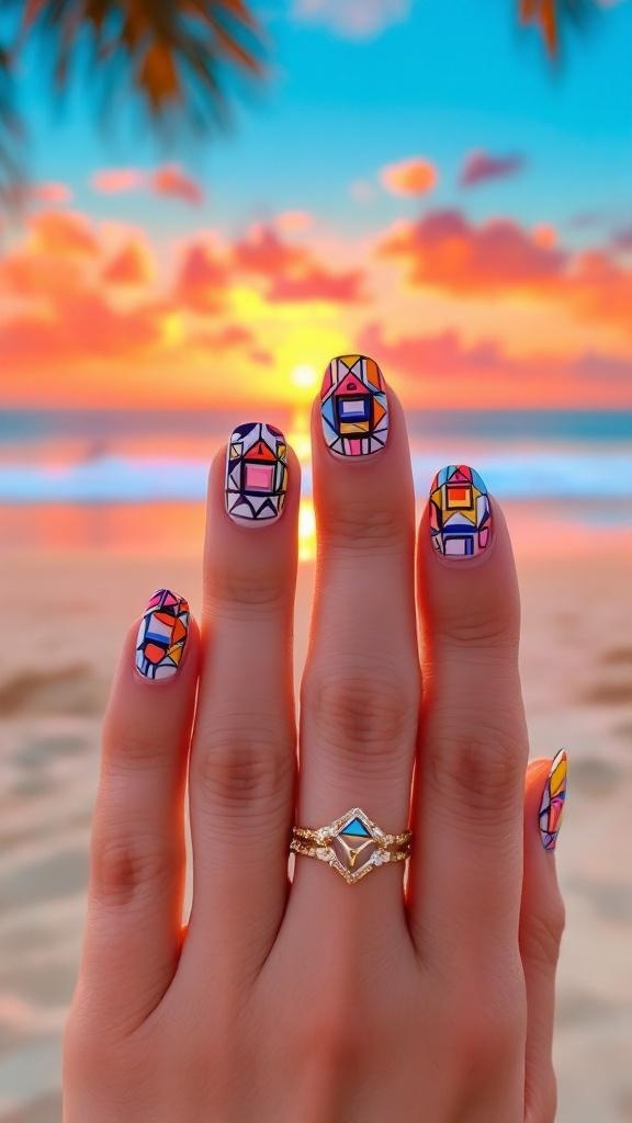 Close-up of hands with bold geometric nail designs against a sunset beach background.