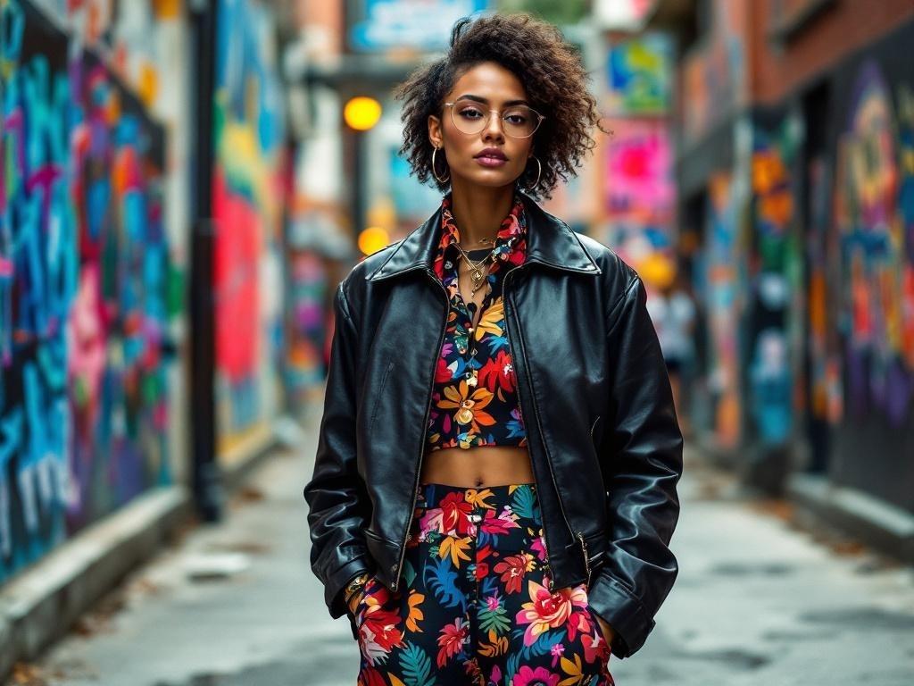A stylish model wearing a black leather jacket over a floral print outfit in an urban setting.