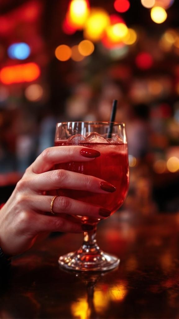 A hand with bold red nails holding a drink in a lively bar setting.