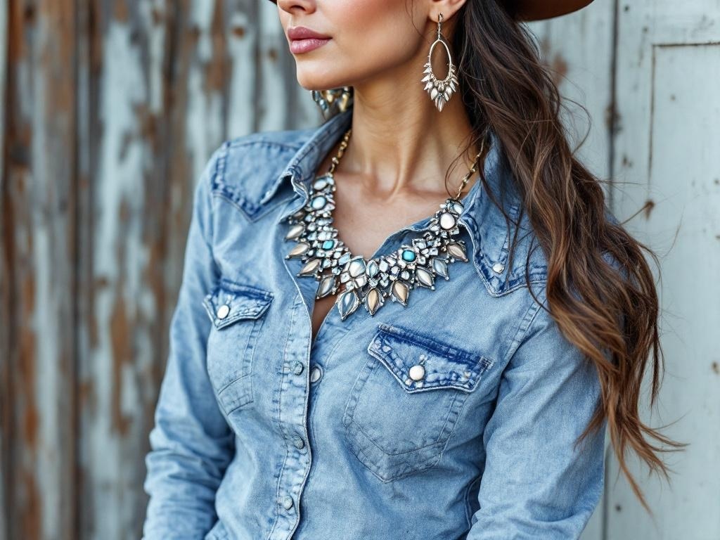 A woman wearing a denim shirt with a bold statement necklace and earrings, showcasing cowgirl style.