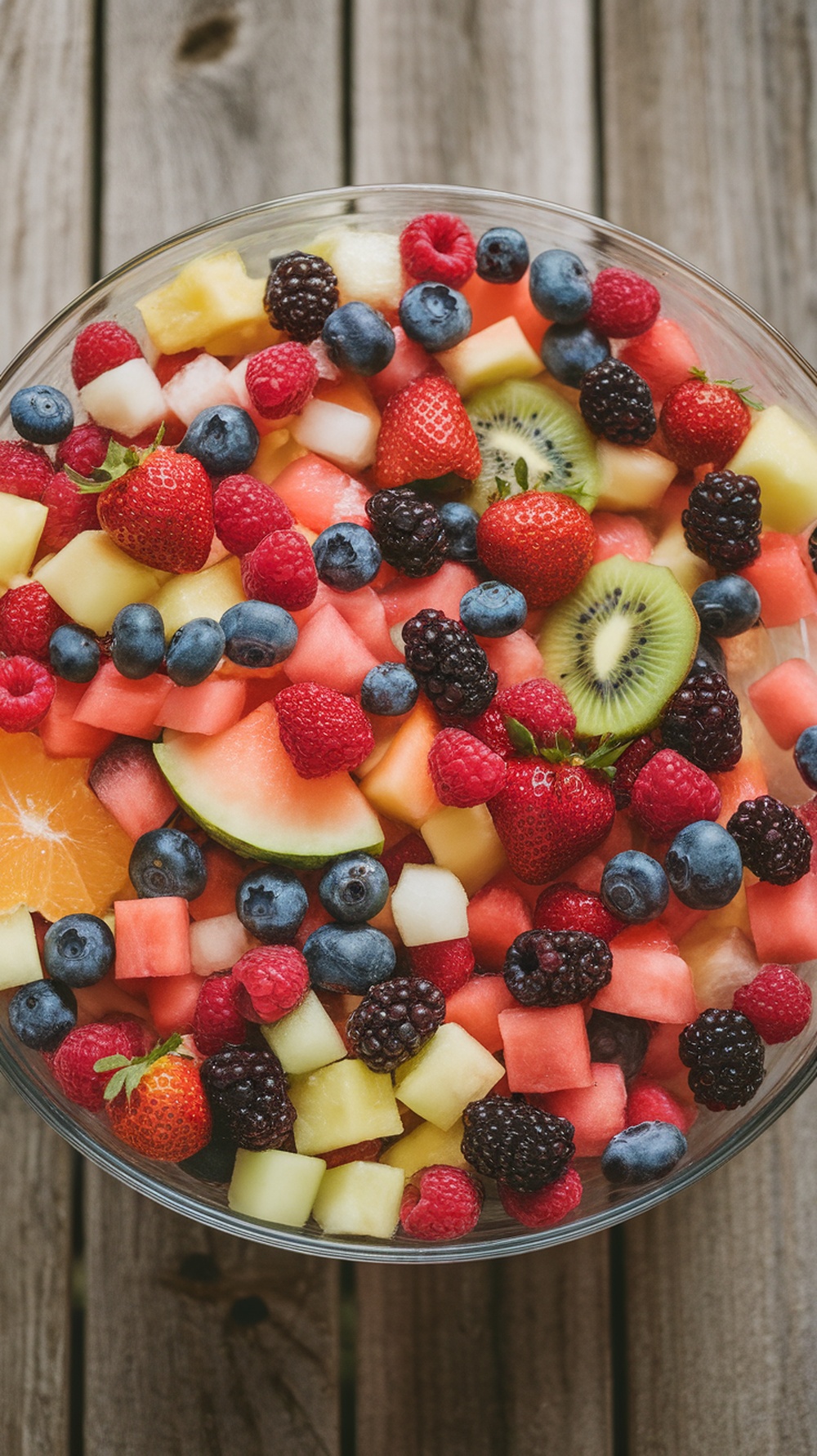 A colorful fruit salad in a large bowl, featuring a variety of fruits like strawberries, blueberries, cantaloupe, and oranges, set on a bright green table.