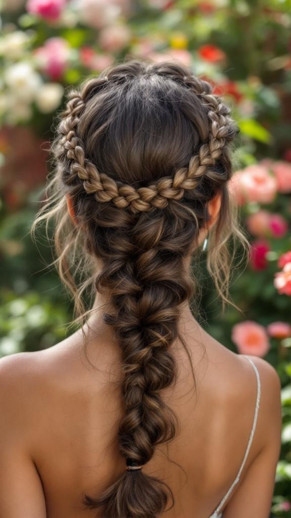 A woman with a braided curly crown hairstyle, showcasing elegant braids and natural curls.