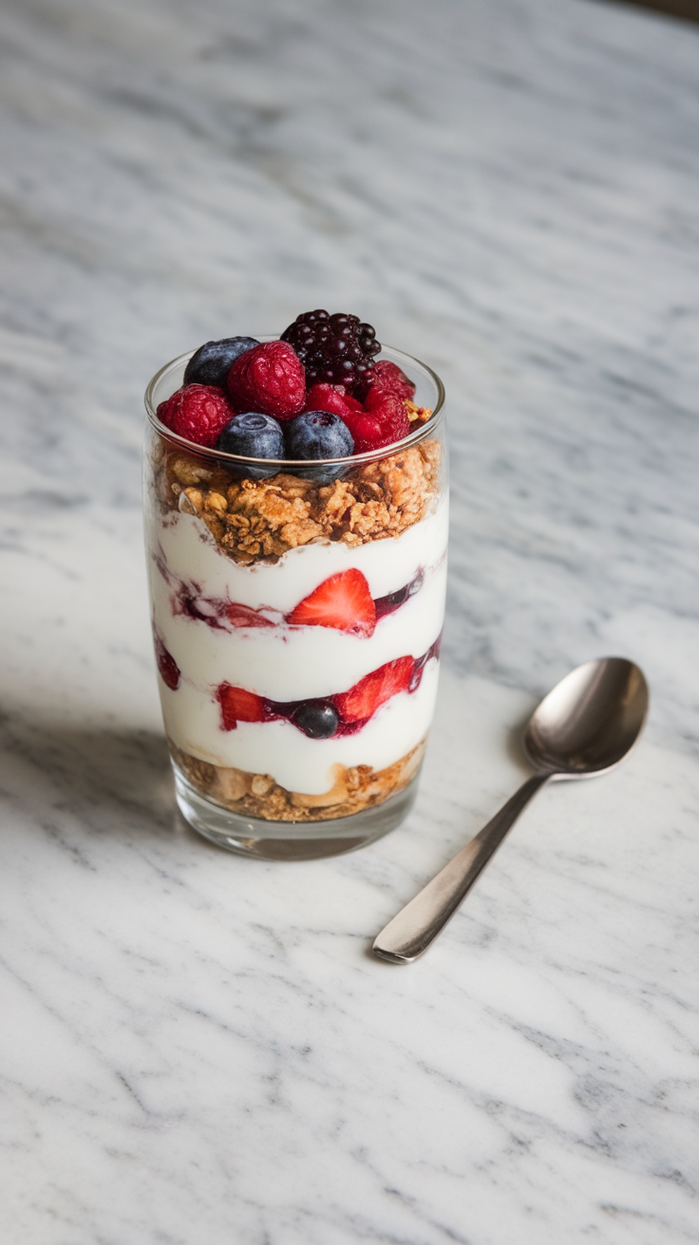 A delicious breakfast parfait with layers of yogurt, granola, and mixed berries in a clear glass.