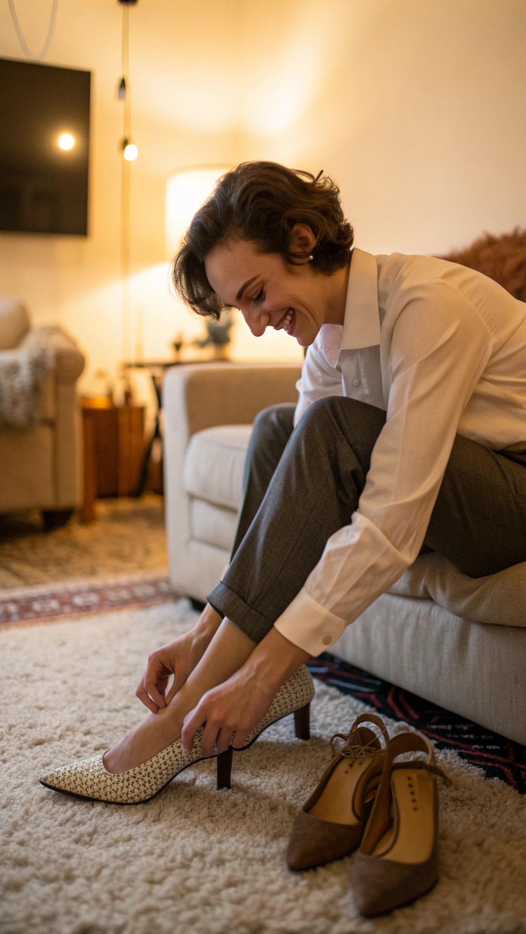 A woman trying on new black heels in a cozy living room.