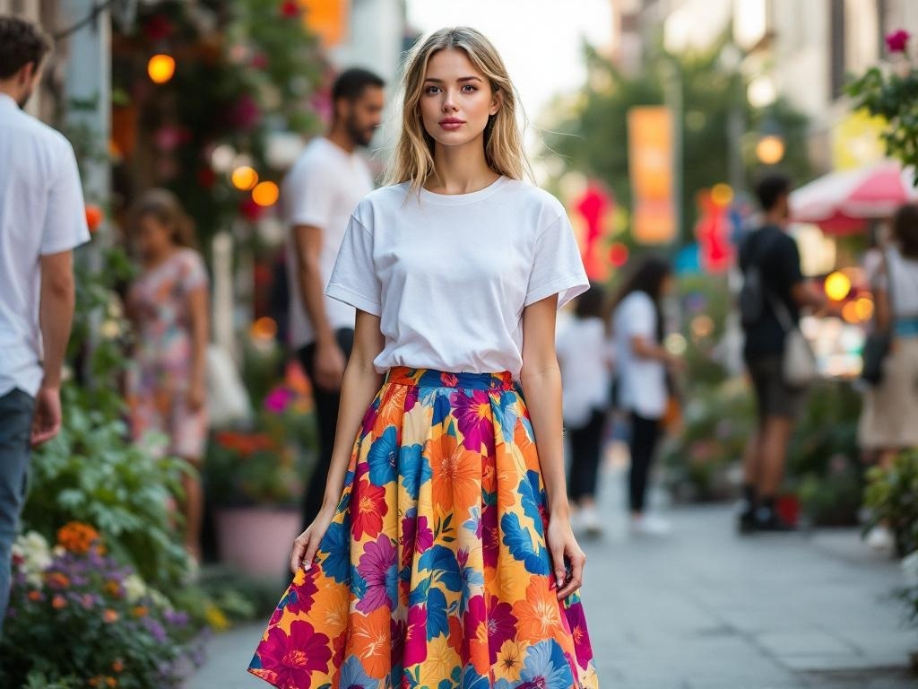 A woman wearing a bright floral A-line skirt and a white tee, standing on a lively street with flowers and people in the background.