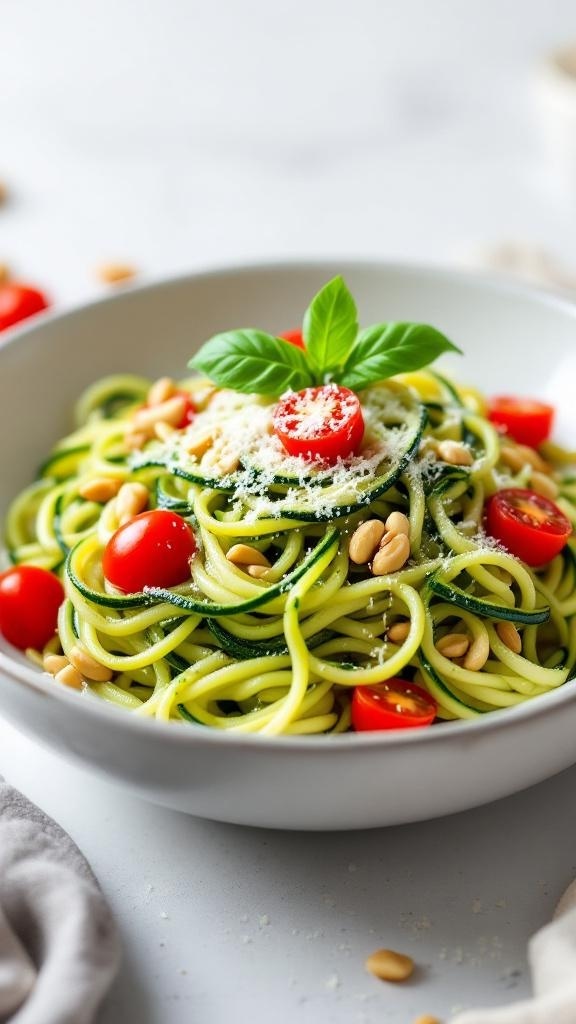A bowl of zucchini noodles topped with cherry tomatoes, pine nuts, and basil.