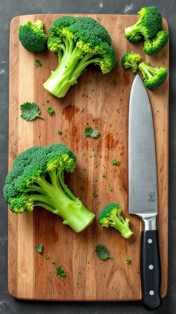 Fresh broccoli on a wooden cutting board with a knife