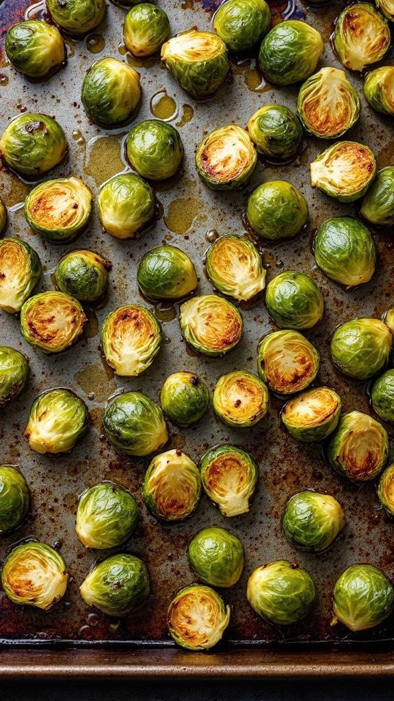 Roasted Brussels sprouts on a baking sheet, showcasing their crispy texture and golden brown color.