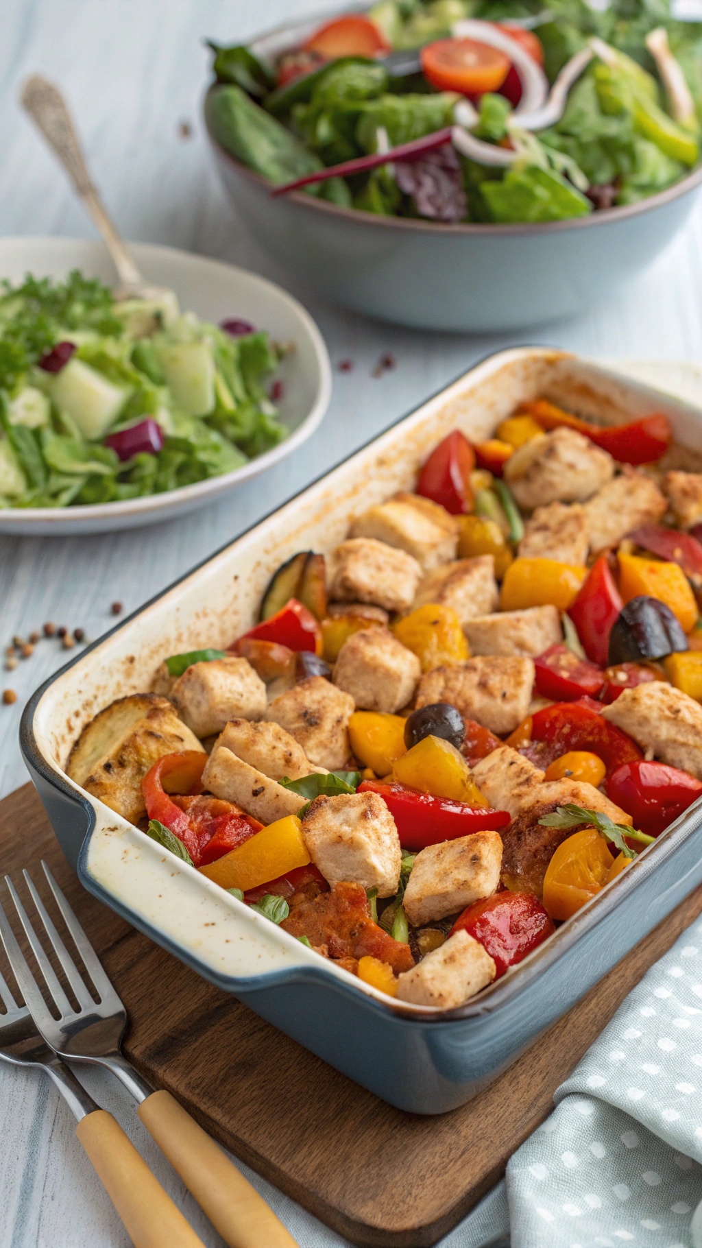 A colorful chicken and vegetable casserole in a baking dish, surrounded by a fresh salad.