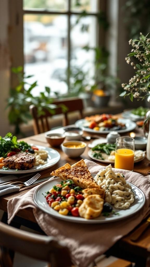 A table set with budget-friendly meal prep dishes, featuring colorful vegetables, pasta, and a glass of orange juice.