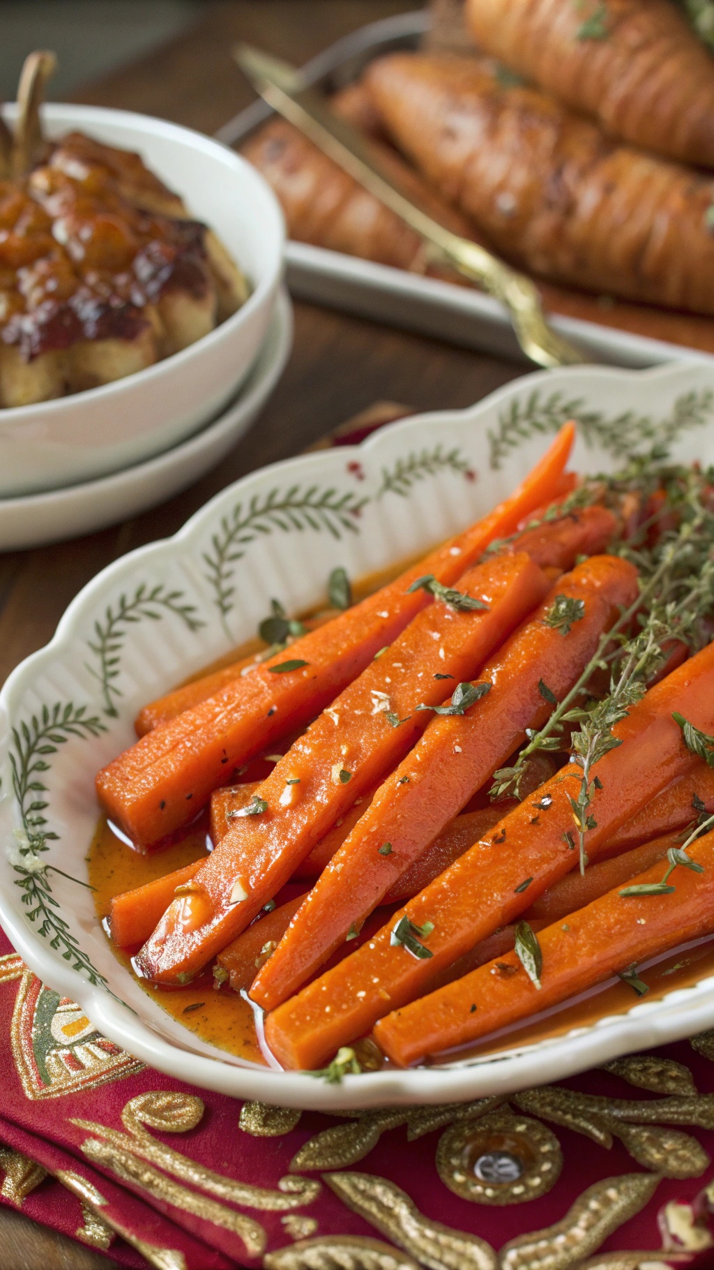 A dish of glazed carrots with honey and thyme, garnished with herbs, served on a decorative plate.