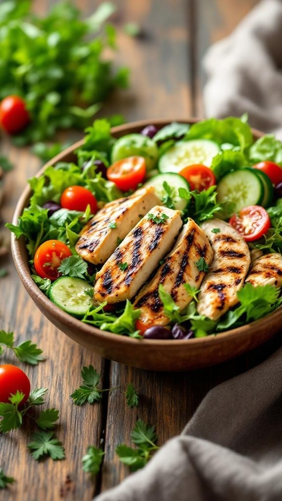 A colorful grilled chicken salad with mixed greens, cherry tomatoes, cucumbers, and olives.