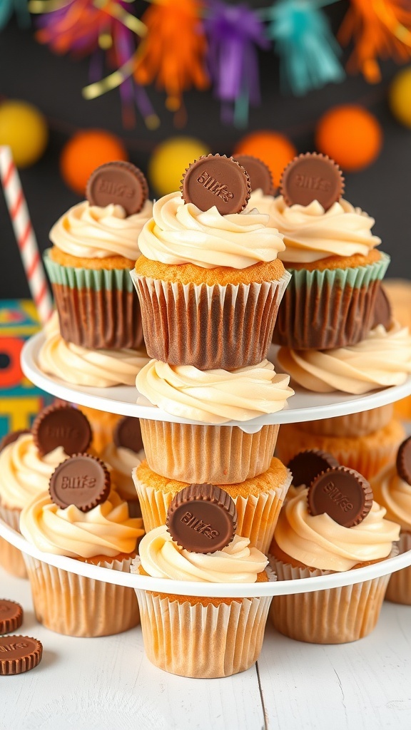 A display of peanut butter cupcakes with fluffy frosting topped with mini peanut butter cups.