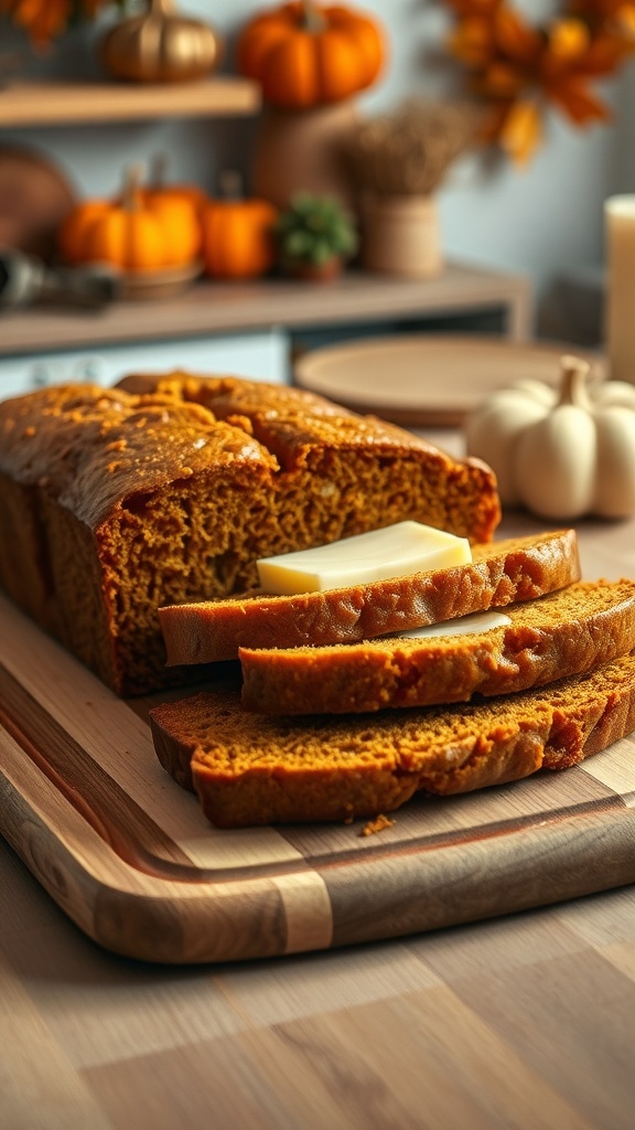 A freshly baked pumpkin bread loaf with slices on a wooden cutting board, topped with a pat of butter, surrounded by decorative pumpkins.