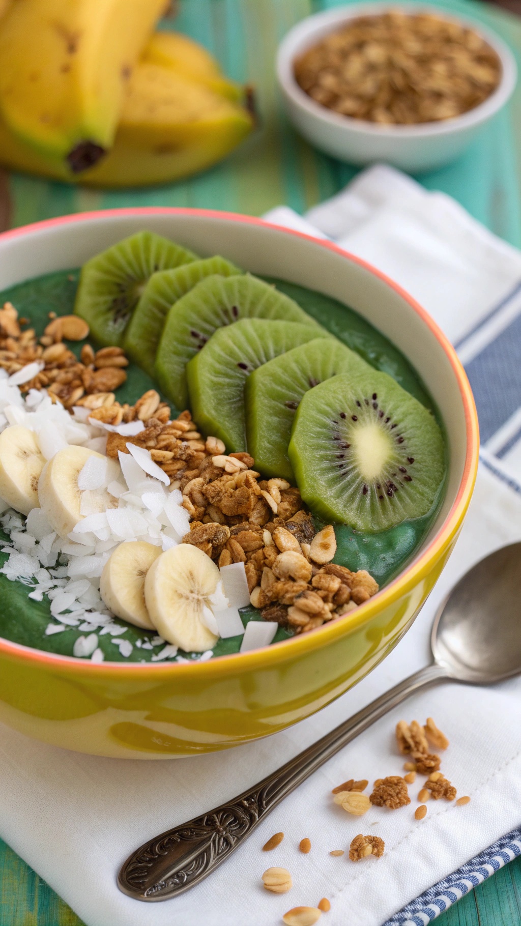 A vibrant smoothie bowl topped with banana slices, kiwi, granola, and coconut.
