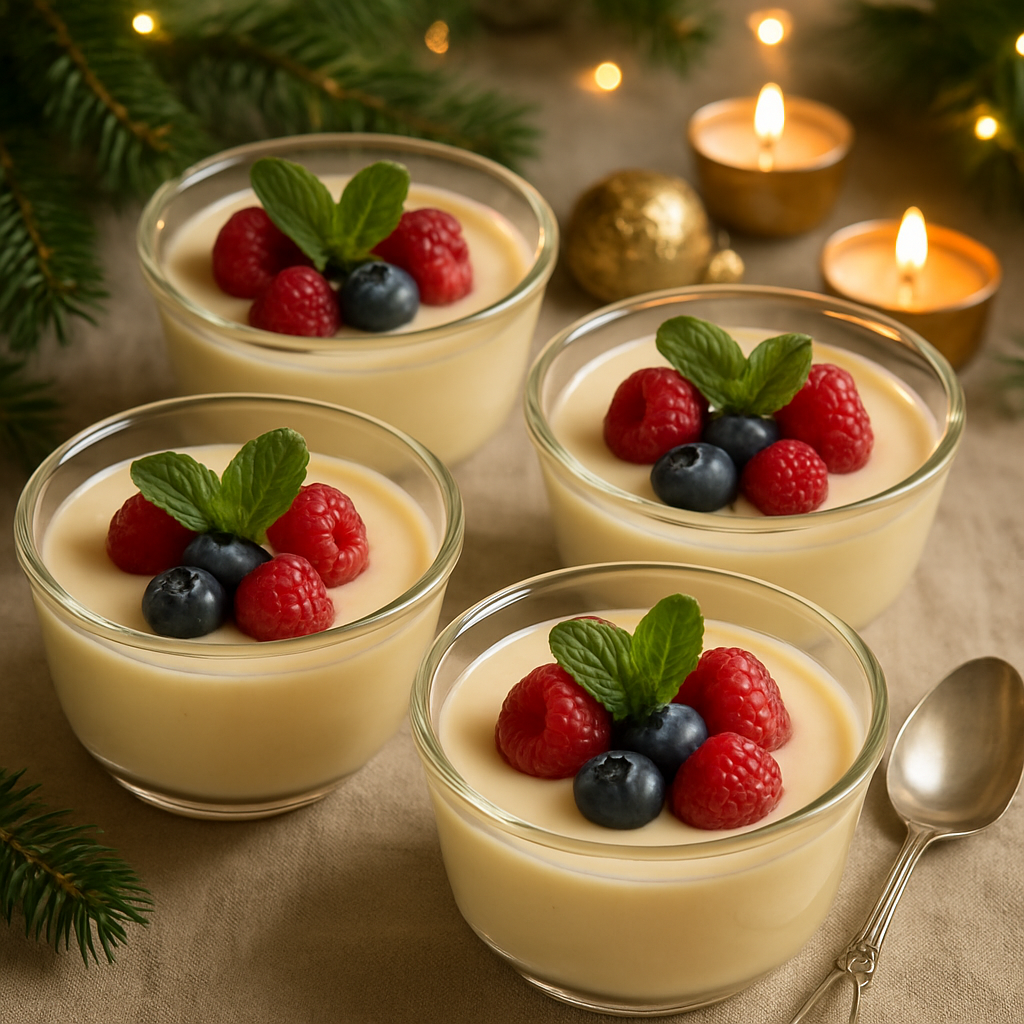 Creamy vanilla pudding topped with fresh raspberries and blueberries in glass bowls.