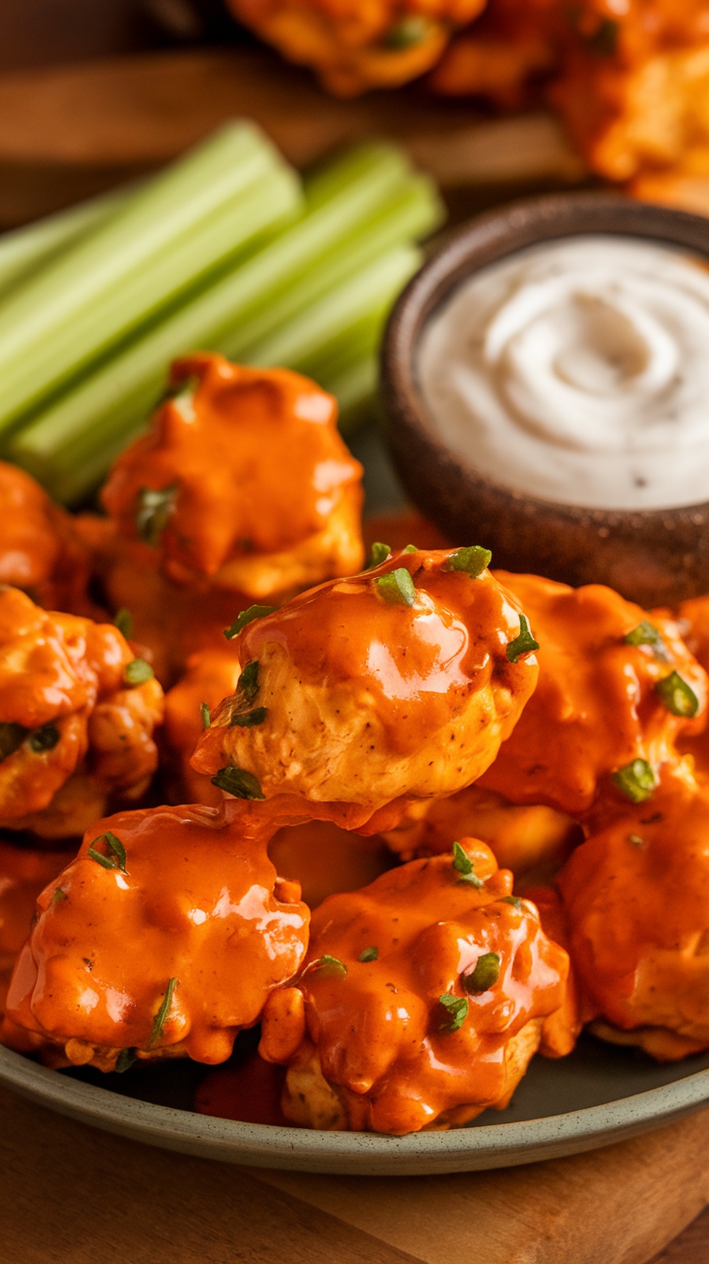 Buffalo chicken bites with celery sticks and dipping sauce