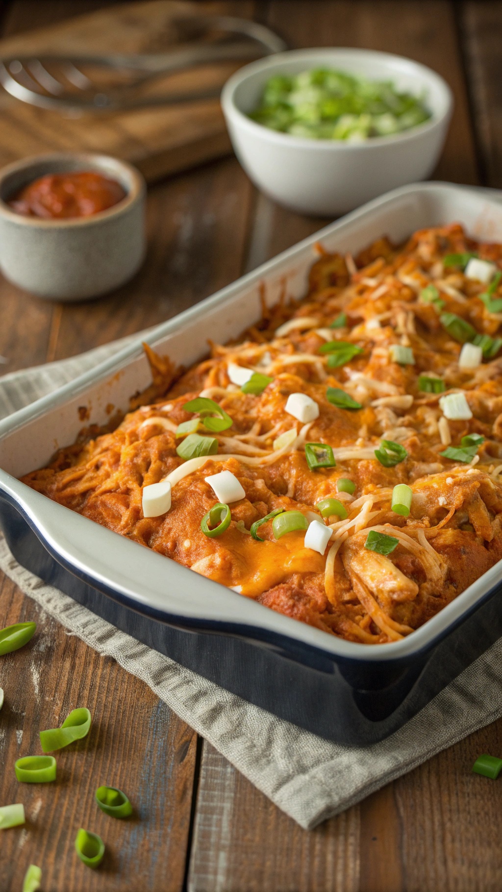 A bubbling Buffalo Chicken Casserole topped with melted cheese and garnished with green onions.