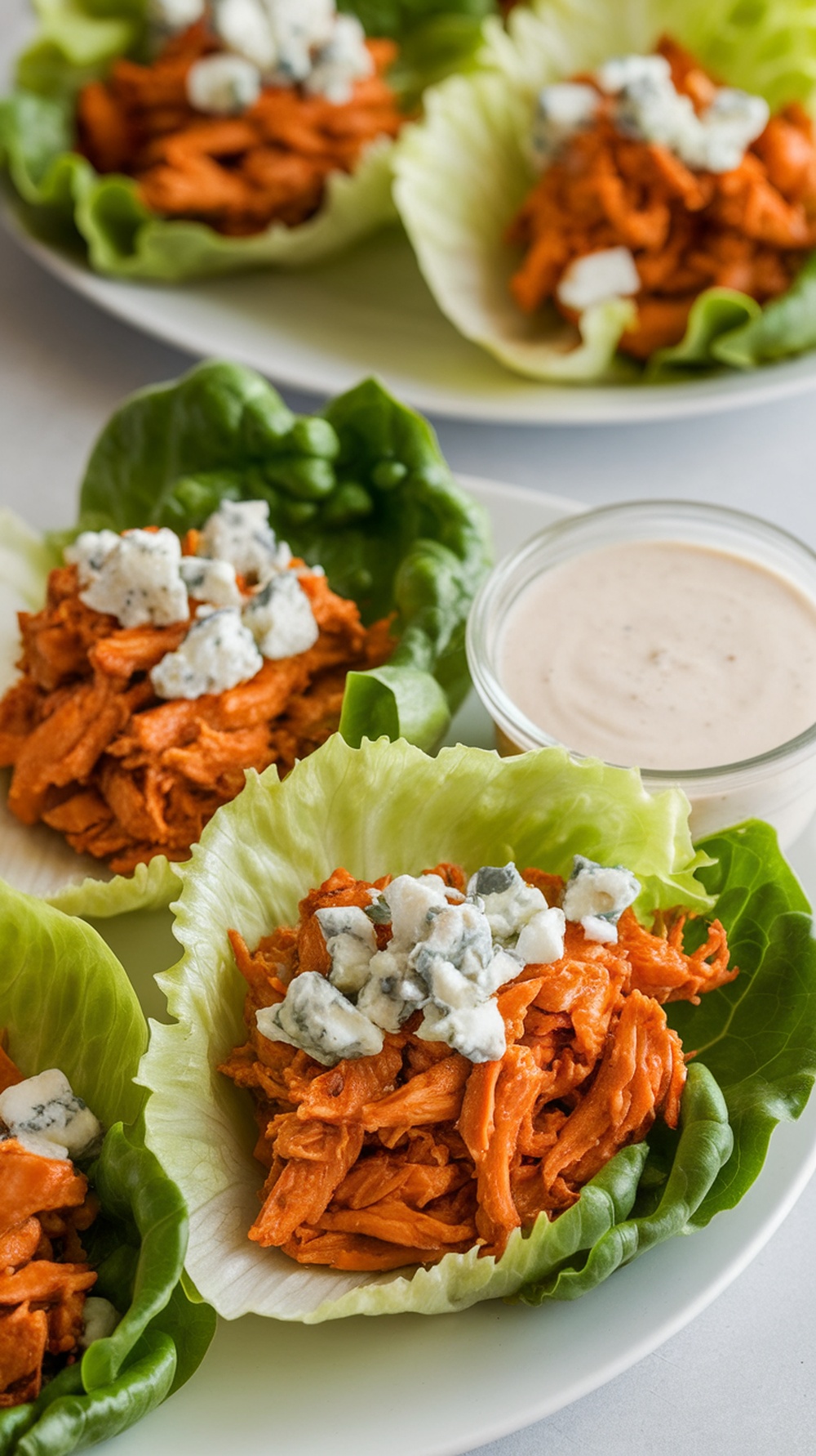 Buffalo chicken lettuce wraps with blue cheese and dressing
