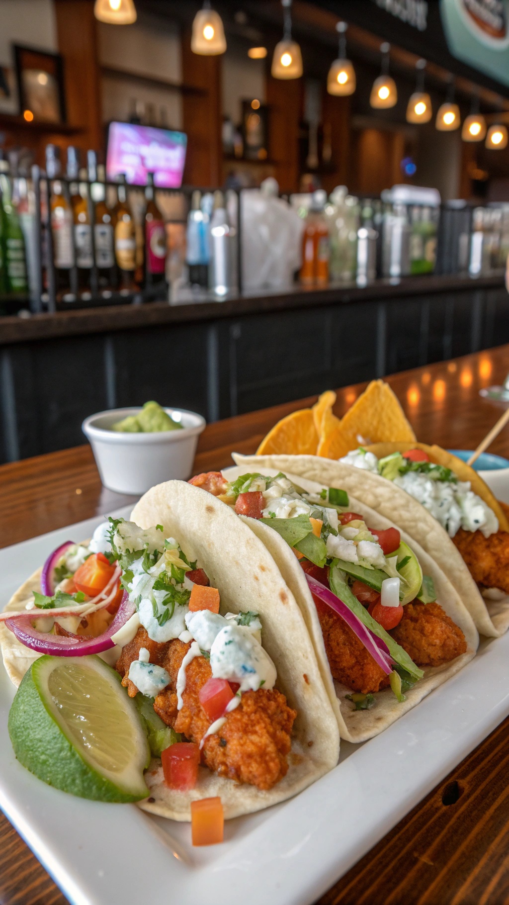Buffalo fish tacos with blue cheese dressing served on a plate with lime and guacamole