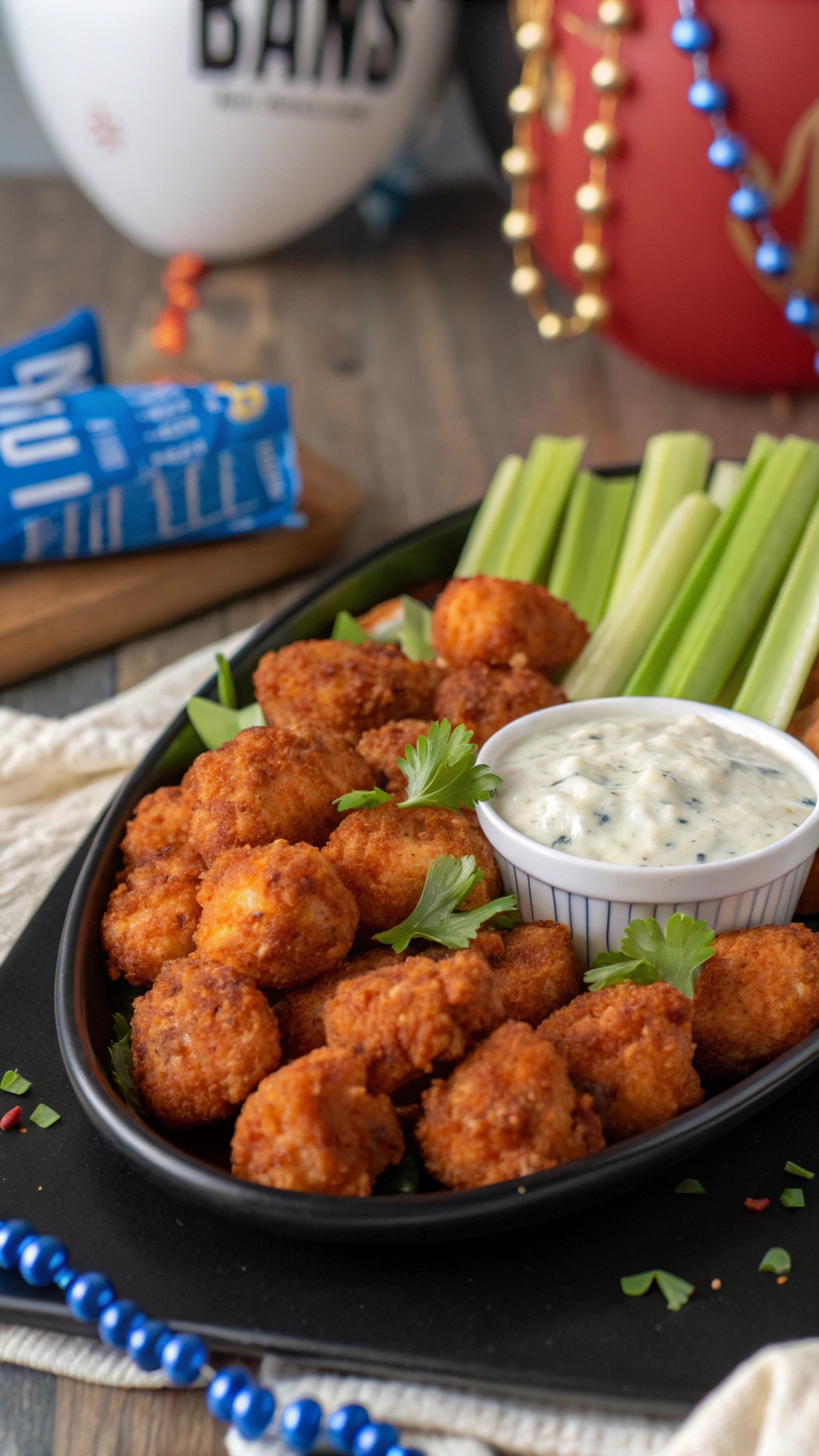 A platter of buffalo shrimp bites with creamy blue cheese dip and celery sticks.