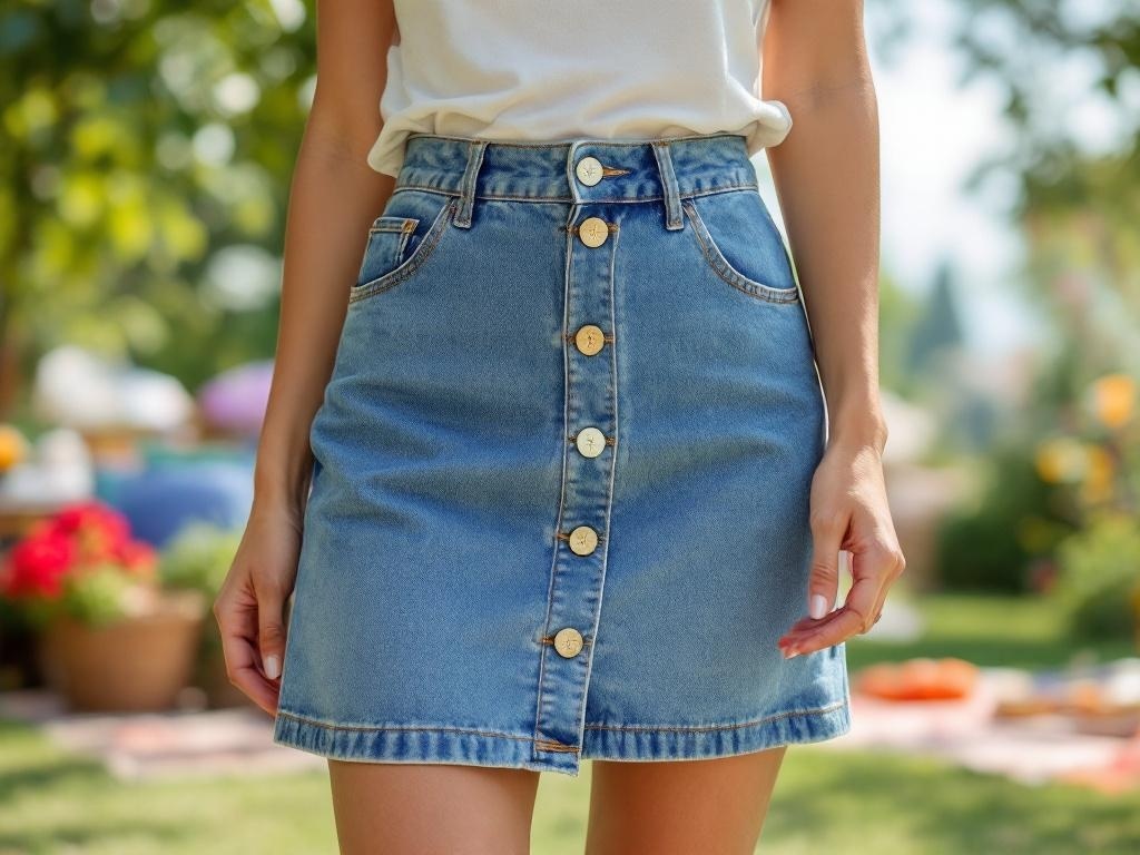 A woman wearing a button-up denim skirt and a casual tank top, standing outdoors with a blurred background.