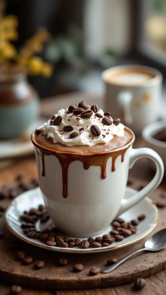 A cup of coffee chia pudding topped with whipped cream and coffee beans, surrounded by coffee beans on a wooden surface.
