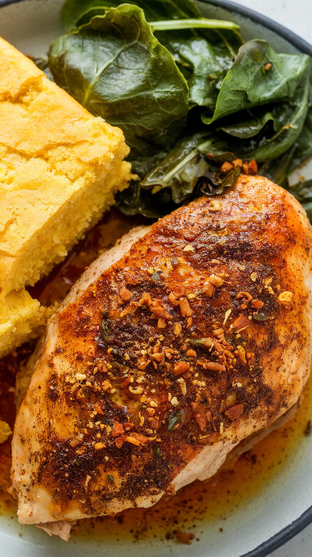 A plate of Cajun chicken breast with cornbread and greens.