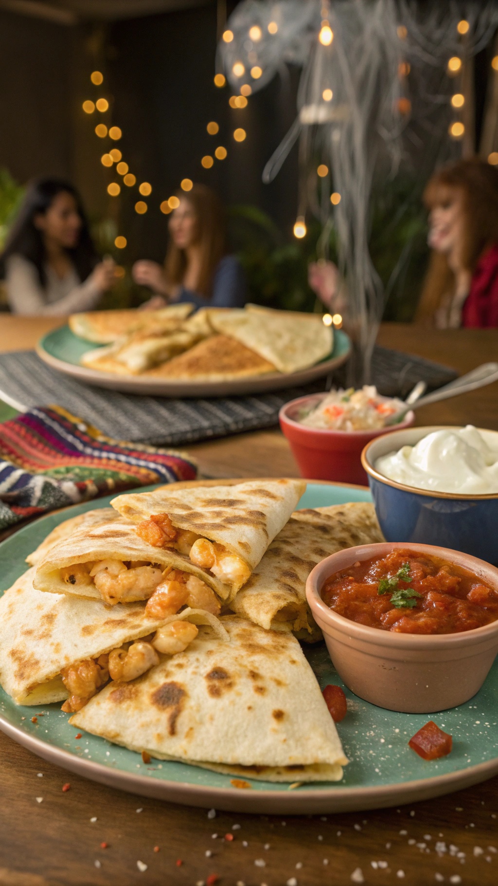 Cajun shrimp quesadillas with cheese served on a plate with salsa and sour cream, surrounded by a festive atmosphere.