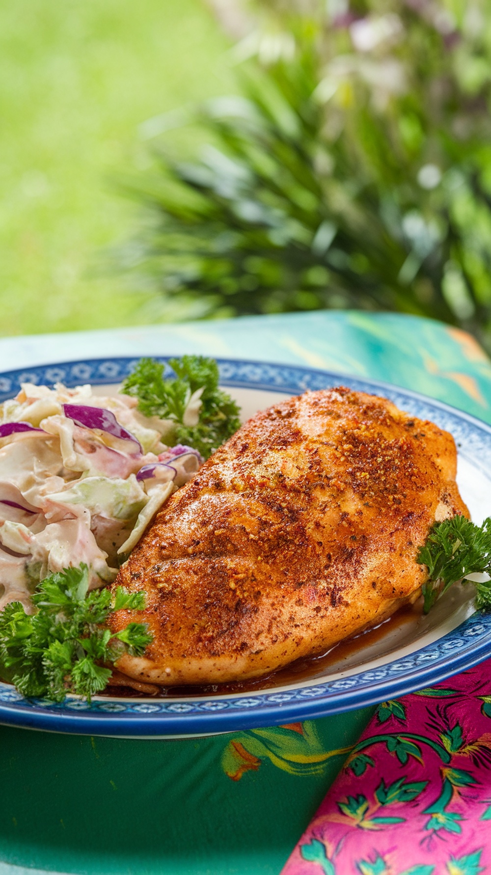 Cajun spiced chicken breast served with coleslaw on a colorful plate