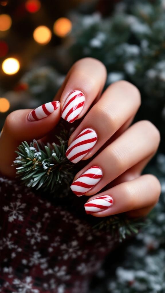 Nails painted with red and white candy cane stripes, held against a backdrop of Christmas decorations.