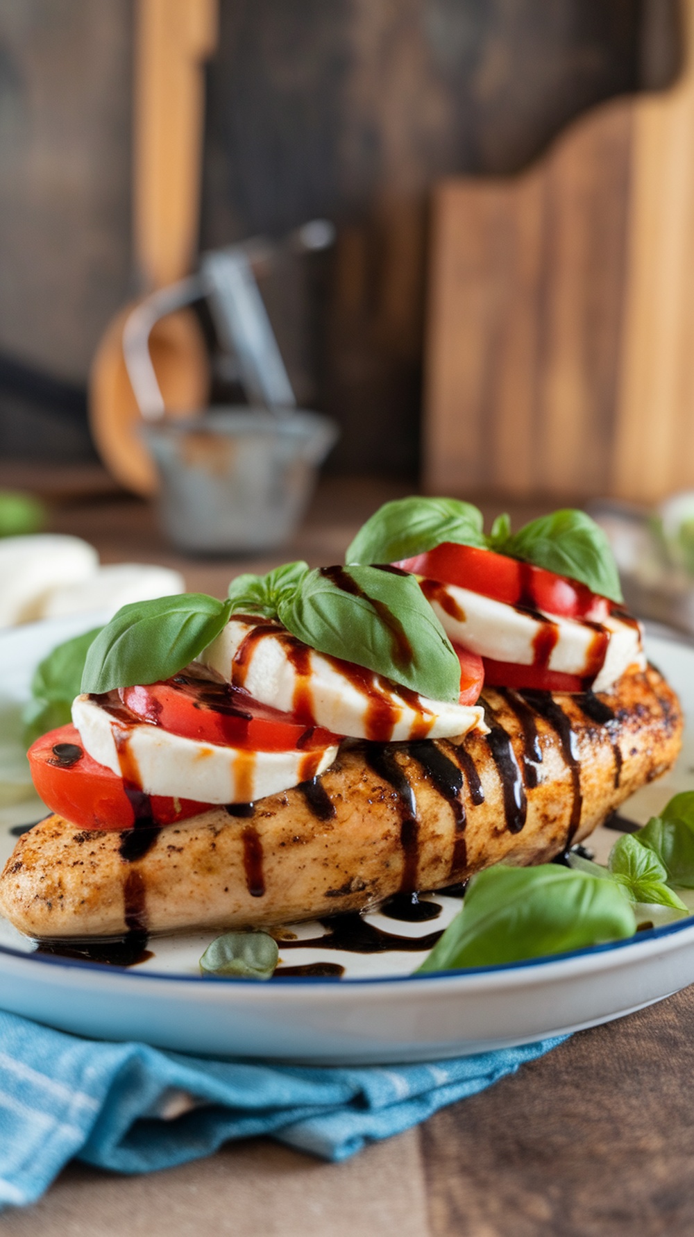 A plate of Caprese Chicken topped with mozzarella, tomatoes, basil, and balsamic glaze.