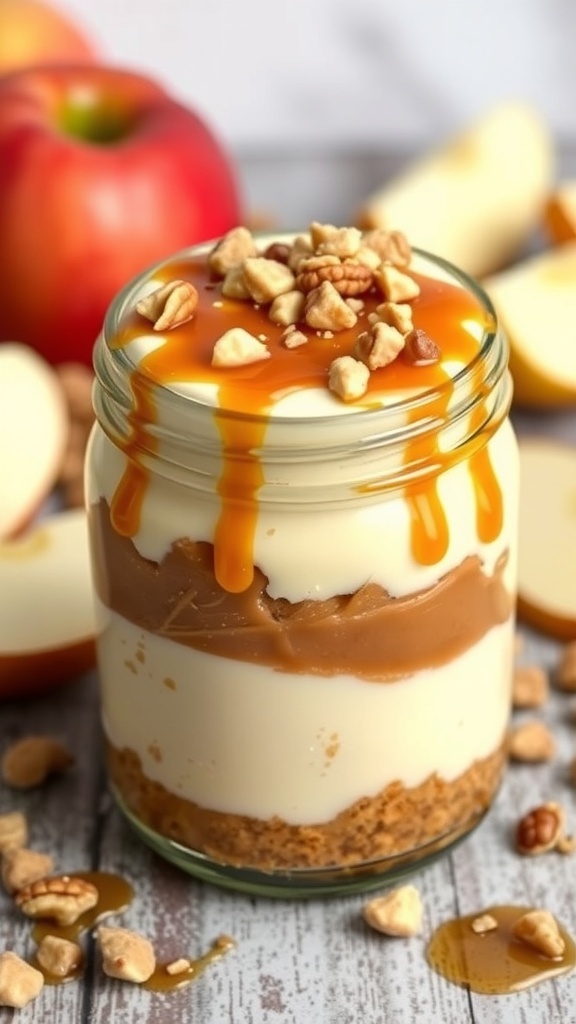 Caramel Apple Cheesecake Jar with caramel drizzle and nuts on top