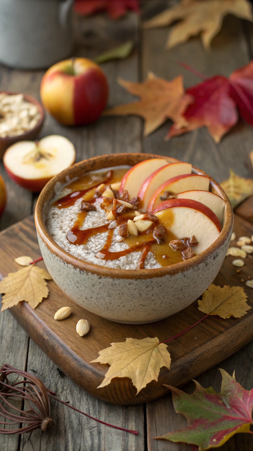 A bowl of Caramel Apple Chia Treat topped with apple slices, caramel sauce, and nuts, surrounded by apples and autumn leaves.