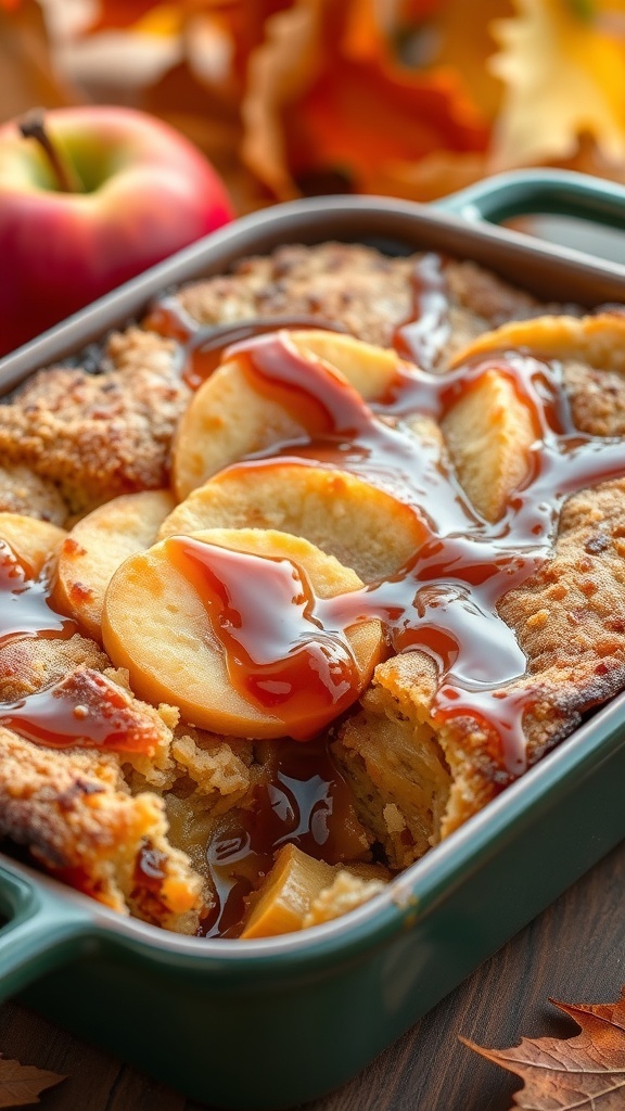 A delicious caramel apple protein bread pudding topped with caramel sauce and apple slices, served in a green baking dish.