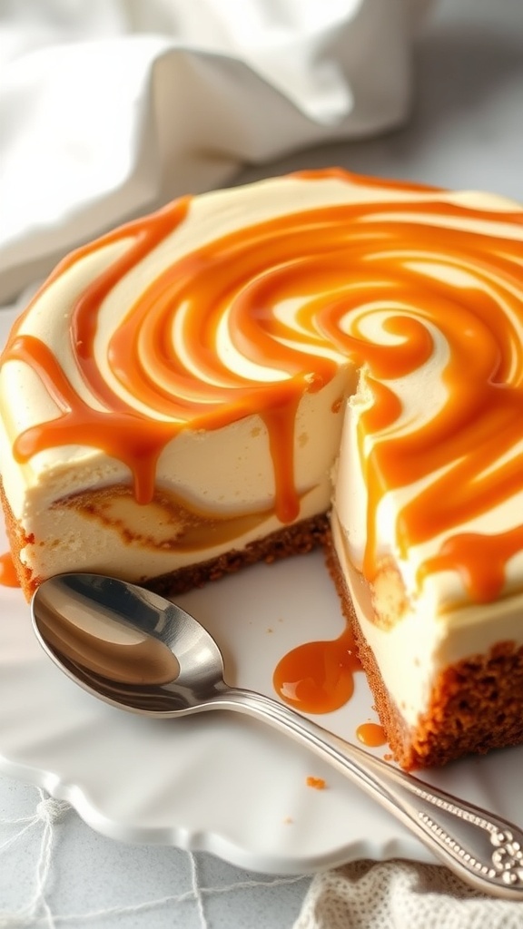 Caramel Swirl Keto Cheesecake with a slice cut out, showcasing layers and caramel drizzle.