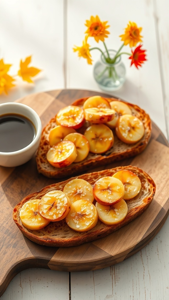 Two slices of caramelized banana toast on a wooden board with a cup of coffee and flowers in the background.