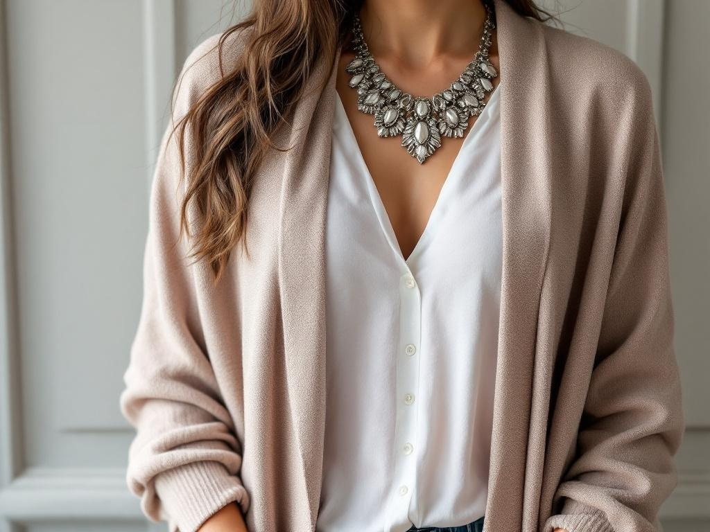 A woman wearing a beige cardigan and a statement necklace over a white blouse.
