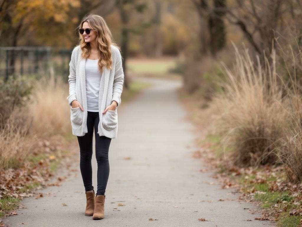 A woman wearing a light gray cardigan, white top, and black leggings, walking on a path with ankle boots.