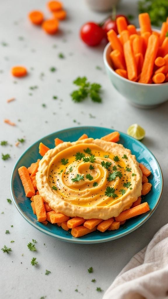 A plate of carrot sticks served with hummus, garnished with herbs.